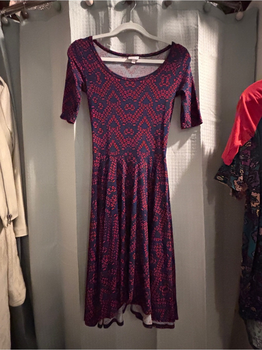 Scoop Neck Long Sleeve Dress in Navy with Pink Pattern